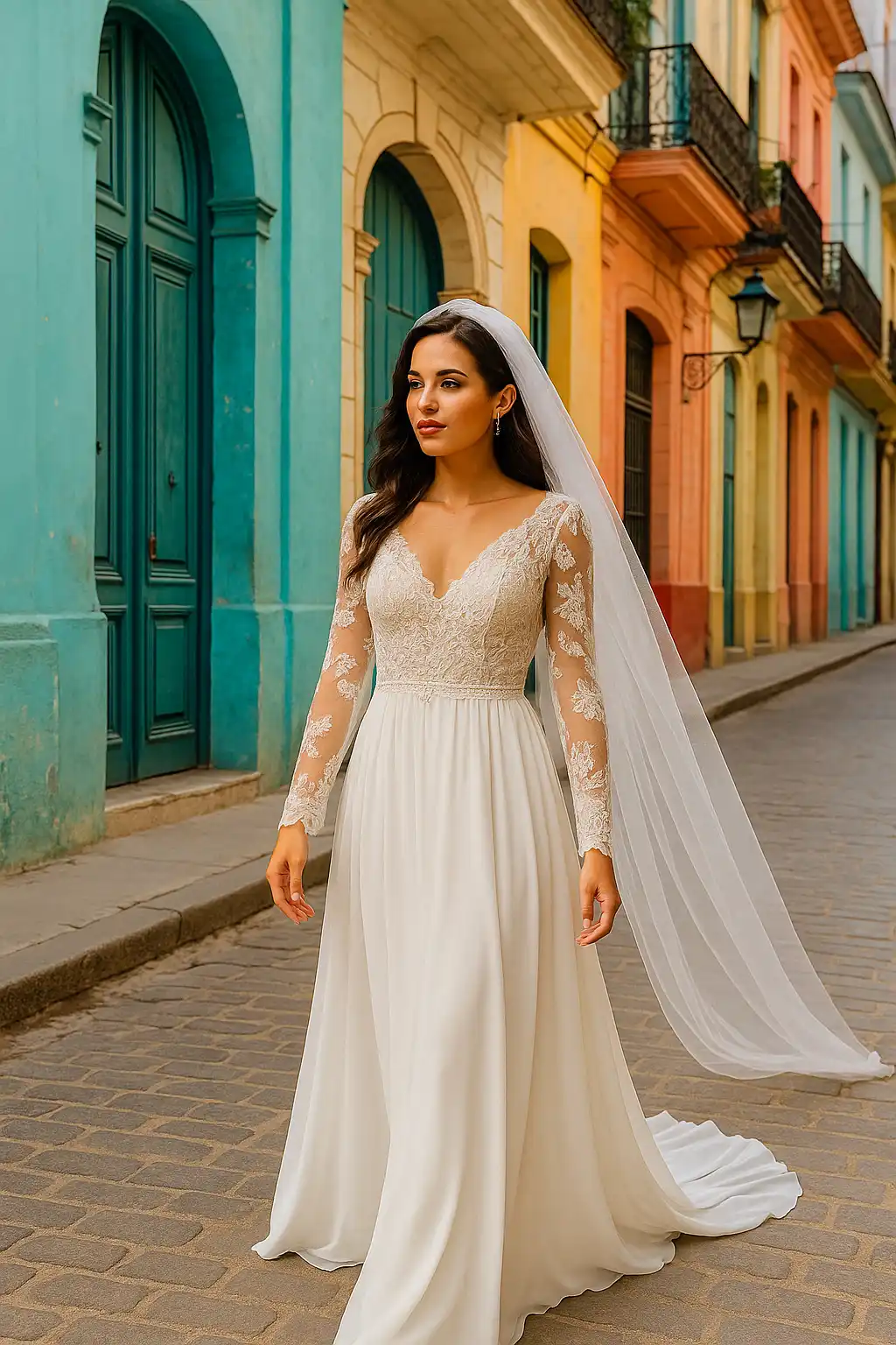 Imagen realista y artística de una novia cubana con vestido blanco de manga larga y detalles de encaje, paseando por las calles coloniales de La Habana. Los colores vivos de las fachadas contrastan con la elegancia del vestido, reflejando las tendencias actuales para novias en La Habana: estilo boho-chic, romanticismo y modernidad en un contexto caribeño único.