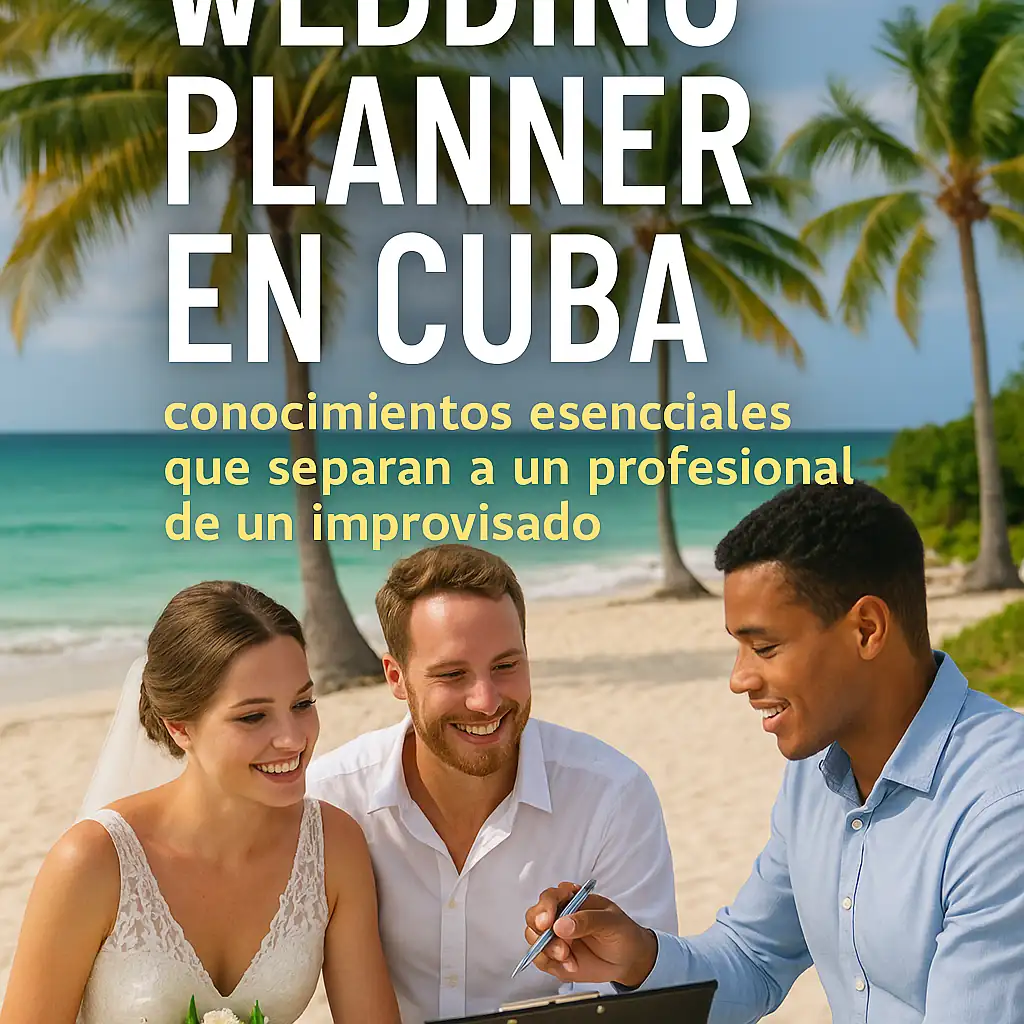 Wedding Planner en Cuba: conocimientos esenciales que separan a un profesional de un improvisado en la organización de bodas  Novios sonrientes escuchando a su wedding planner en la playa de Cuba, imagen que resalta la importancia de los conocimientos esenciales que distinguen a un profesional de un improvisado en la organización de bodas.