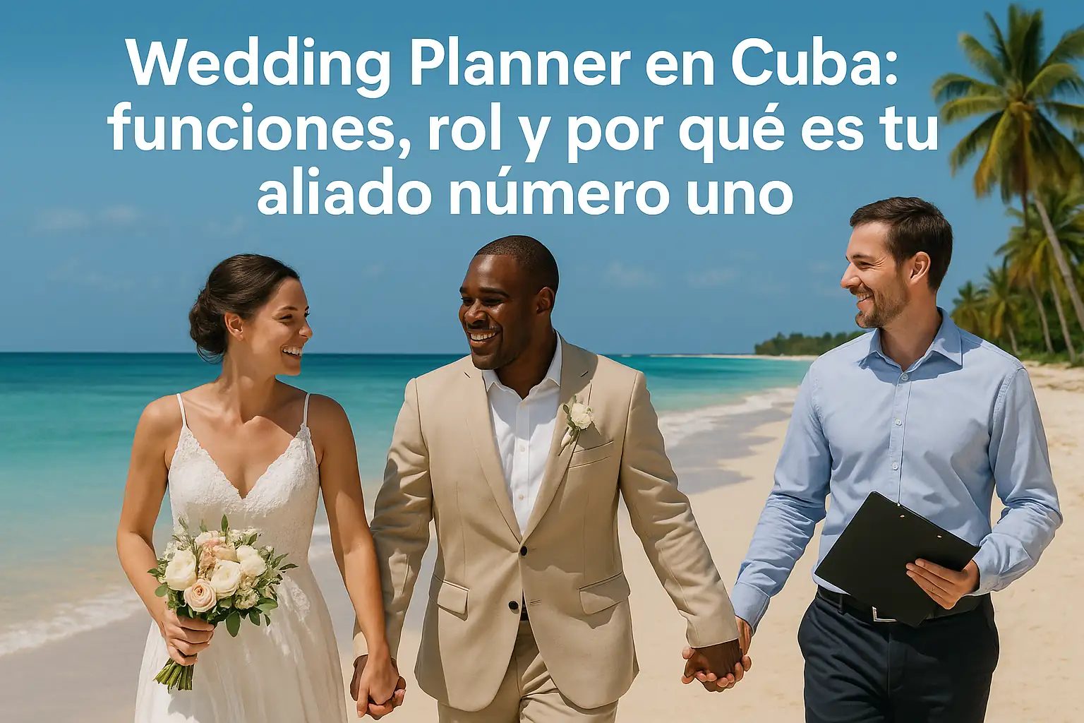 Pareja de novios caminando felices de la mano junto a su wedding planner en una playa paradisíaca de Cuba, imagen que representa la importancia del rol del organizador de bodas como aliado esencial en tu gran día.