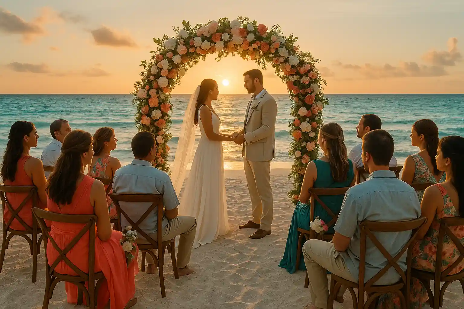 Imagen real y emocional que muestra bodas y eventos en hoteles de playa en Cuba, con los novios intercambiando votos durante la puesta de sol y un ambiente romántico junto al océano.
