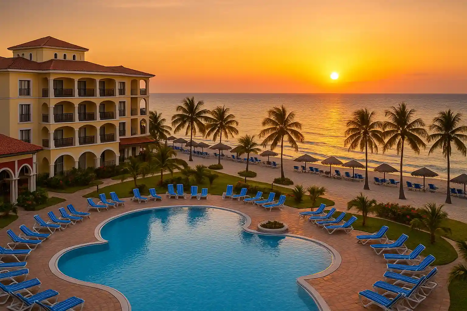 Imagen realista y luminosa que muestra bodas y eventos en hoteles de playa en Varadero, Cuba, destacando la belleza tropical, la tranquilidad del mar y la elegancia de los resorts al atardecer.