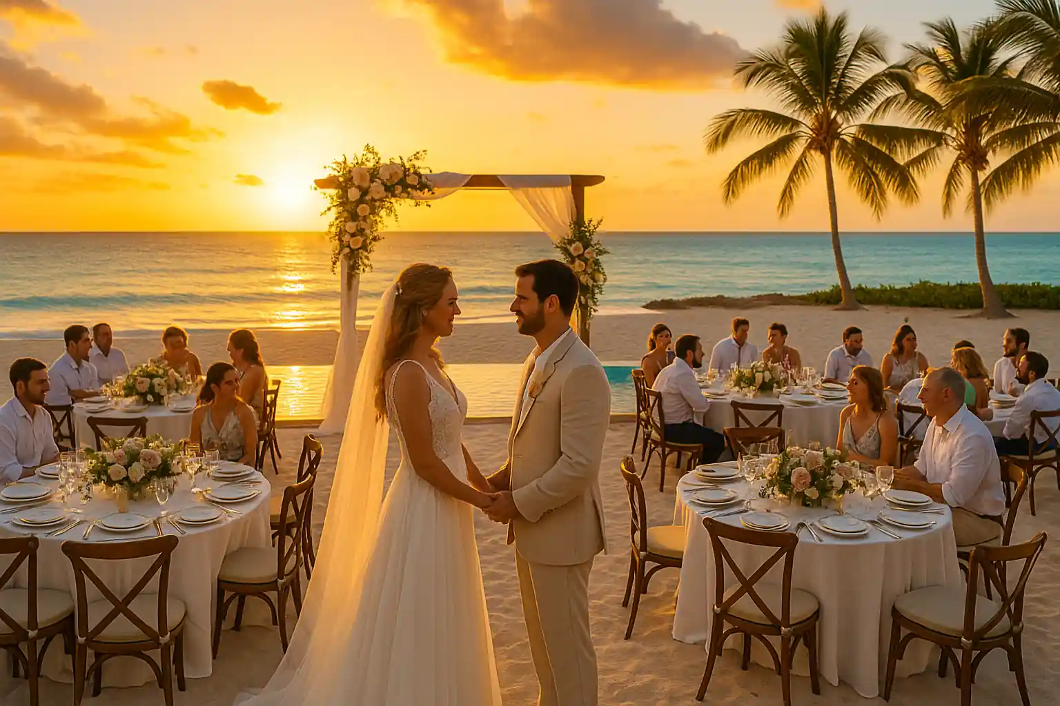 Imagen cálida y realista que representa bodas y eventos en hoteles todo incluido en Cuba, mostrando a los novios disfrutando de su celebración frente al mar Caribe al atardecer, en un entorno romántico y tropical.
