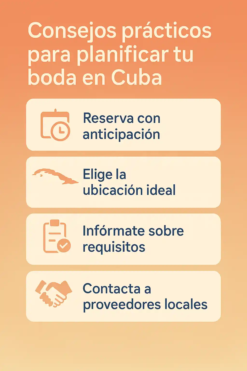 Imagen clara y atractiva que presenta consejos prácticos para planificar tu boda en Cuba, incluyendo preparación anticipada, elección del hotel, gestión de documentos y coordinación con BodasCuba.me y Modahabana.