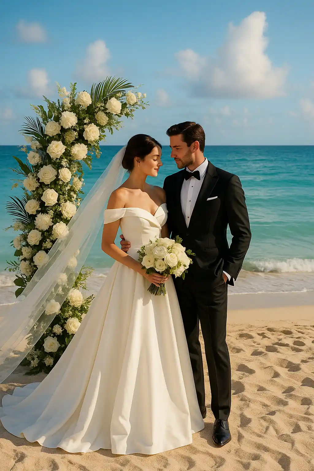 Cuando el Sueño Caribeño se Encuentra con la Alta Costura Italiana – pareja cubana elegante frente al mar Caribe, con vestidos italianos de alta costura y decoración floral tropical.