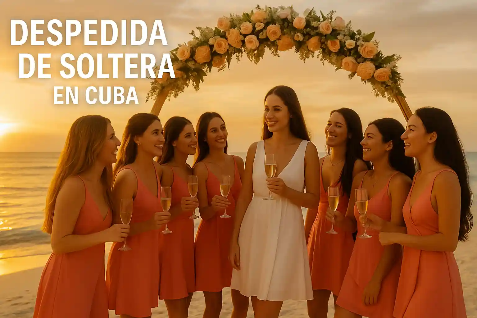 Grupo de amigas celebrando una despedida de soltera en Cuba frente al mar, con vestidos coral, copas de champán y un atardecer tropical de fondo.