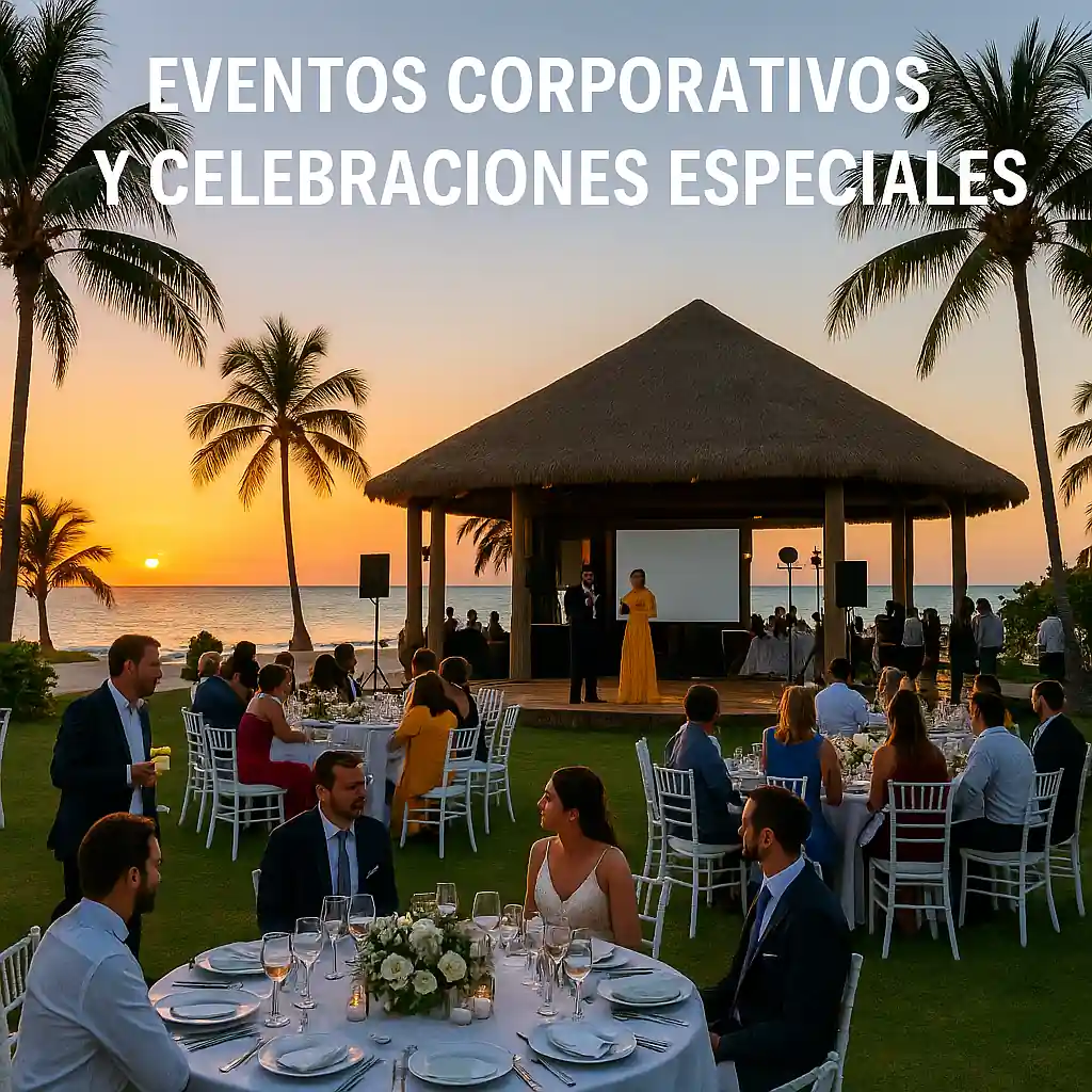Imagen realista que muestra eventos corporativos y celebraciones especiales en hoteles de playa en Cuba, con ambiente profesional, decoración tropical y vistas al Caribe al atardecer.