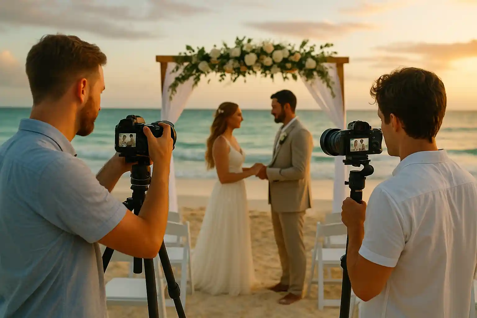 Imagen realista y cálida que muestra fotógrafos y videógrafos profesionales documentando bodas y eventos en hoteles de playa en Cuba, durante una ceremonia al atardecer frente al mar Caribe.