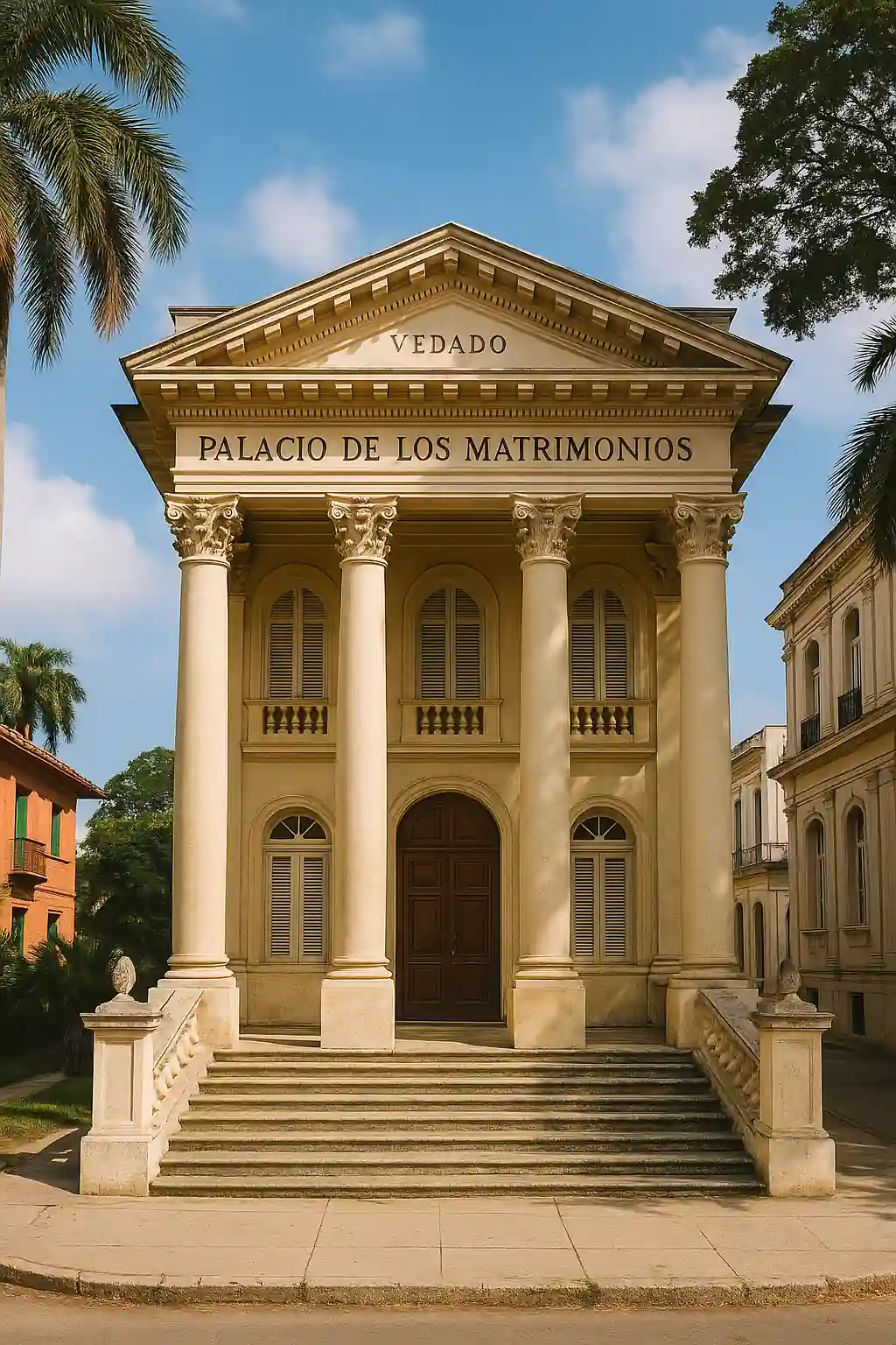 Imagen realista del Palacio de los Matrimonios del Vedado en La Habana, Cuba, mostrando su arquitectura neoclásica y el entorno donde comienzan los preparativos para bodas y eventos organizados por Modahabana y BodasCuba.me.
