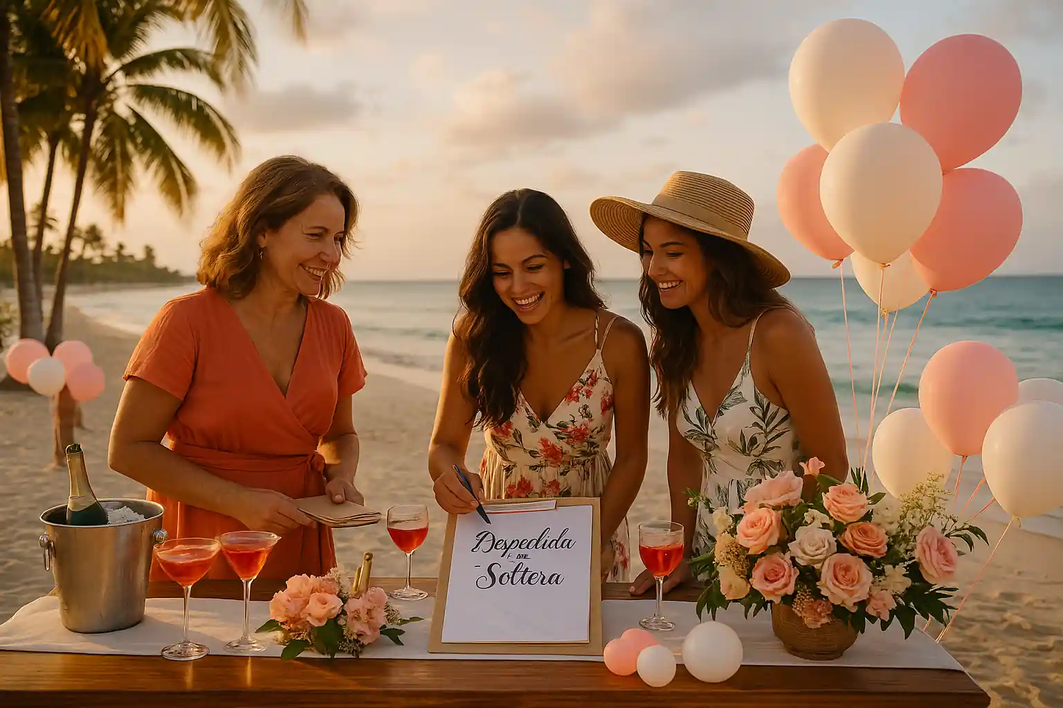 Tres mujeres organizando una despedida de soltera en la playa de Cuba, con flores, cócteles y decoración tropical al atardecer.