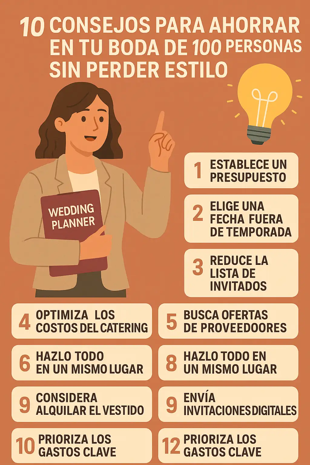 Infografía ilustrada con una organizadora de bodas que presenta 10 consejos prácticos para ahorrar en tu boda en Cuba sin perder elegancia. Ideal para novios que buscan opciones económicas y con estilo para 100 invitados. 