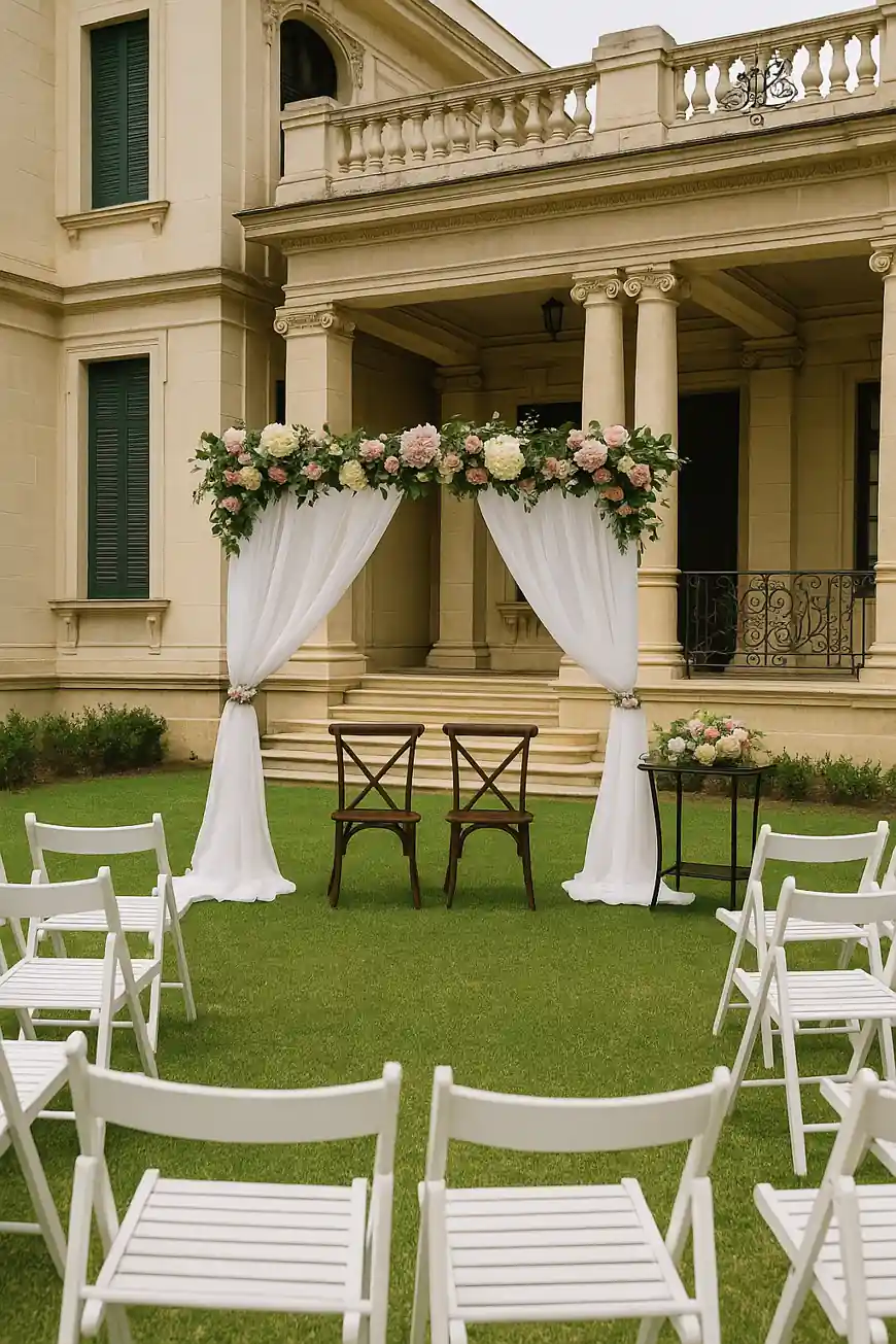 Ceremonia de boda económica en el Palacio de los Matrimonios del Vedado con decoración floral elegante y sillas blancas al aire libre.