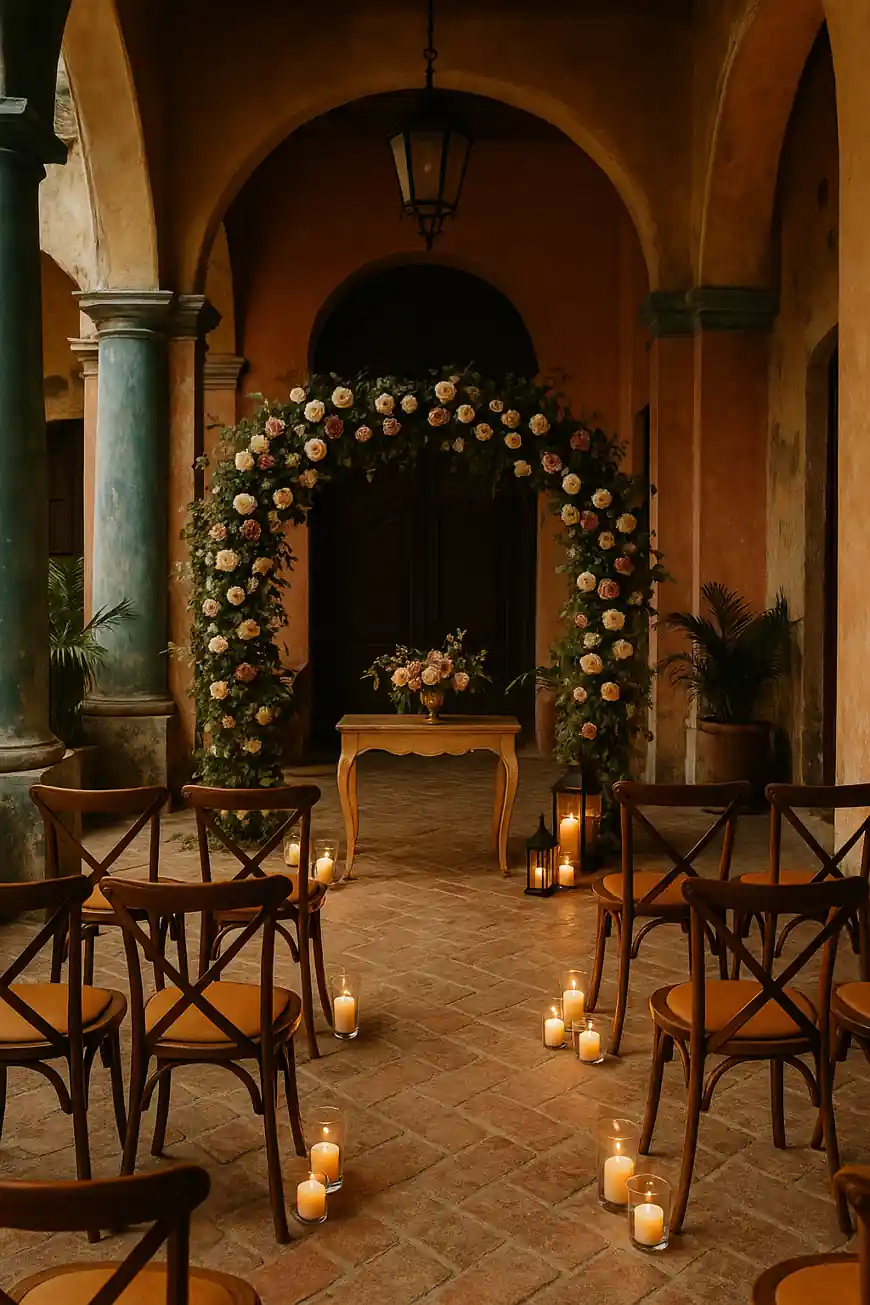Montaje de boda colonial en un patio habanero con decoración vintage, arco floral y columnas turquesas en una casa antigua de La Habana Vieja.
