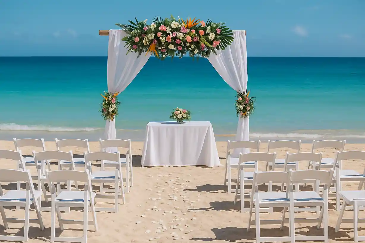 Ceremonia de boda en la playa de Santa María del Mar con vista al mar turquesa, arco floral tropical y sillas blancas sobre la arena.