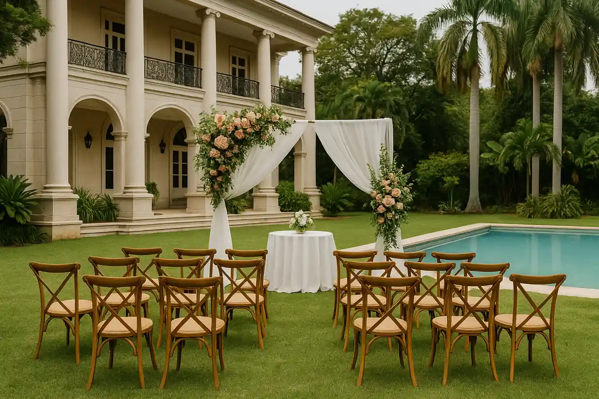 Ceremonia de boda de lujo frente a una mansión colonial con piscina, columnas clásicas y decoración floral sofisticada en un jardín privado de La Habana.