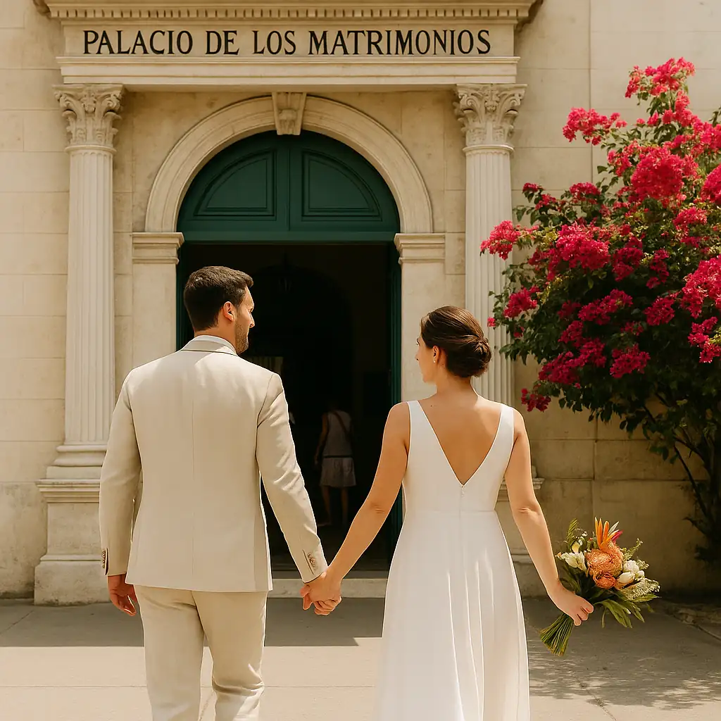 Coppia di sposi entra al Palacio de los Matrimonios del Vedado a L’Avana per celebrare il matrimonio legale a Cuba