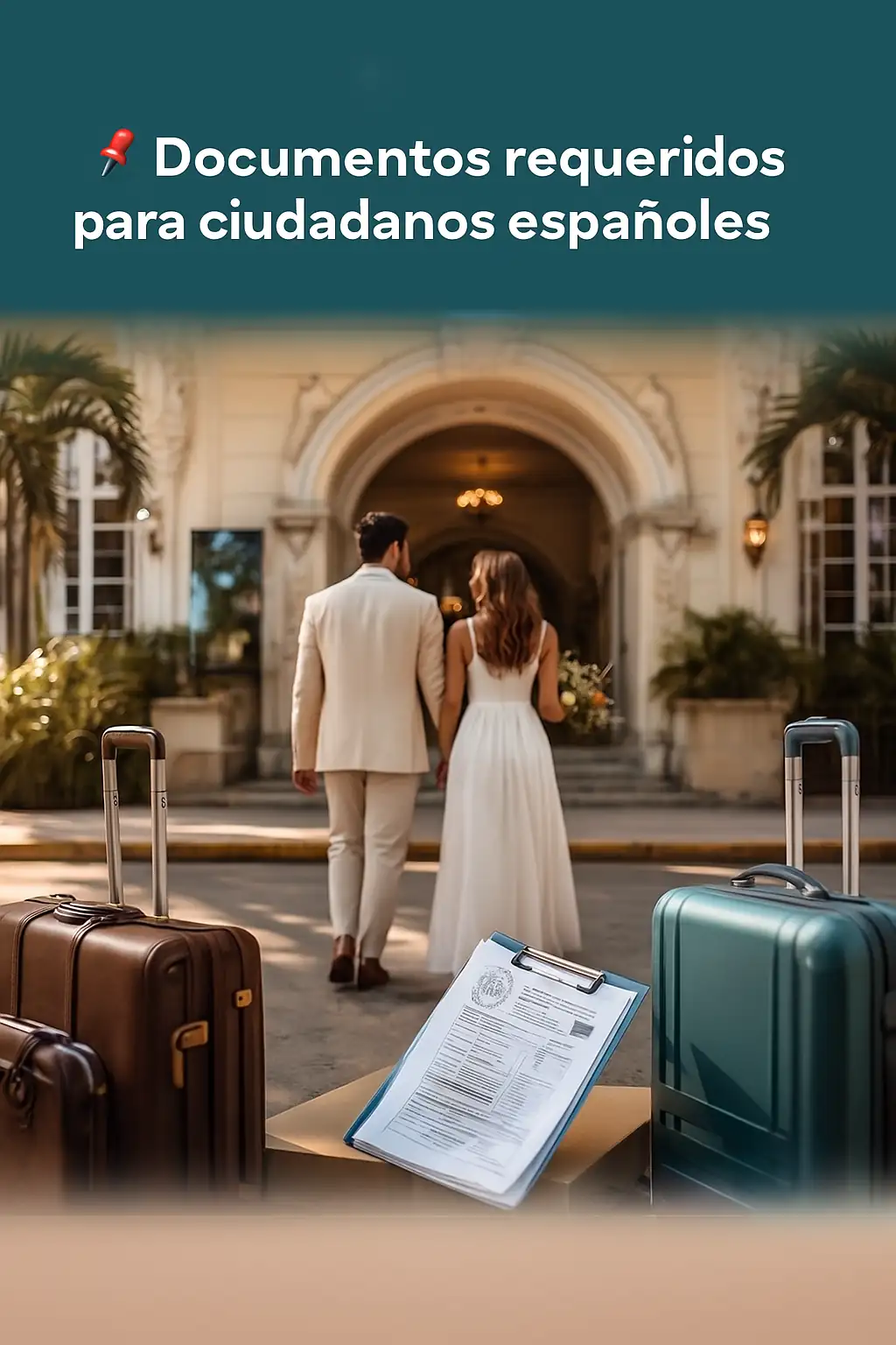 Pareja de españoles caminando hacia el Palacio de los Matrimonios en Cuba con maletas y documentos legales visibles en primer plano