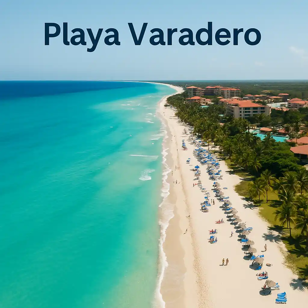 Vista aérea de Playa Varadero en Cuba, con aguas turquesas, arena blanca, palmeras y sombrillas organizadas a lo largo de la costa, perfecta para bodas en la playa y turismo romántico.