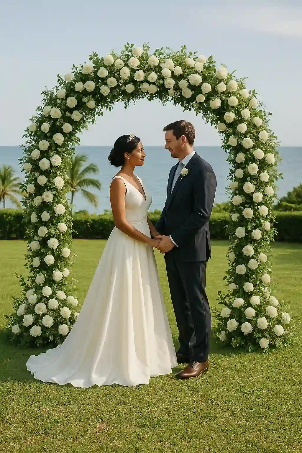 Pareja de recién casados bajo un gazebo circular de rosas blancas, en un jardín frente al mar, lista para reservar una boda en el Hotel Nacional de Cuba