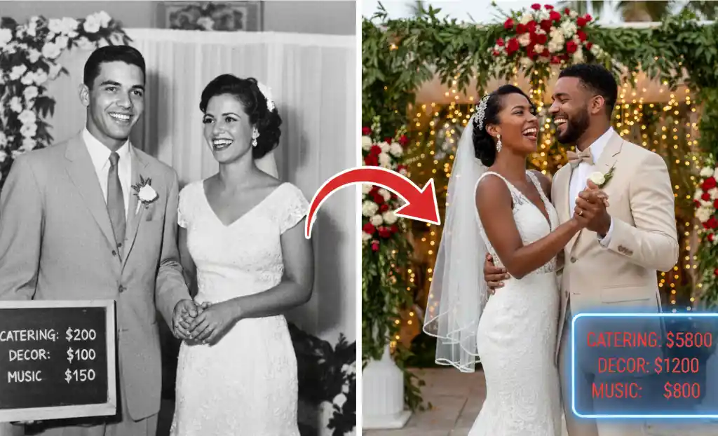 Alt Text: Imagen impactante que muestra el contraste entre los costos de una boda de años atrás clásica en Cuba y los precios actuales en 2025, destacando el aumento en catering, decoración y música.