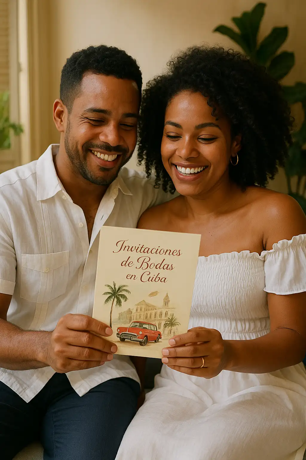 Pareja cubana sonriente sosteniendo sus invitaciones de bodas en Cuba, mostrando un diseño elegante con estilo caribeño y detalles tradicionales para celebrar una boda inolvidable en la isla.