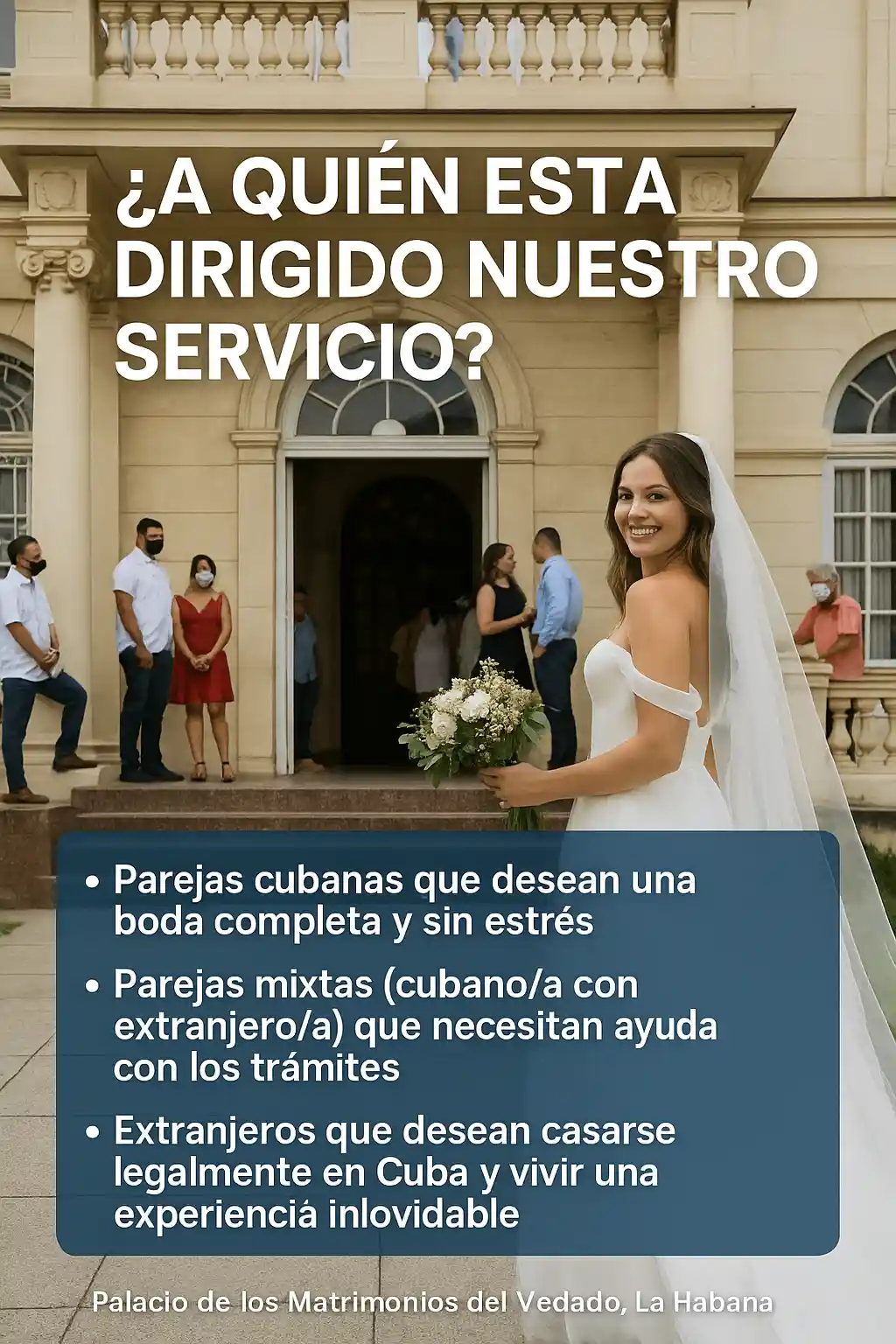 Imagen ilustrativa que responde a la pregunta “¿A quién está dirigido nuestro servicio de organización de bodas en Cuba?”, mostrando parejas cubanas, extranjeras y mixtas celebrando una boda feliz. Ideal para representar servicios nupciales personalizados y accesibles para todos los perfiles.