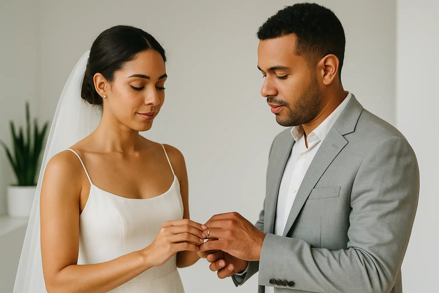 Una pareja de recién casados en Cuba intercambia los anillos de matrimonio durante una ceremonia íntima y moderna, con un estilo minimalista y elegante. La novia luce un vestido blanco sencillo y el novio un traje gris claro, reflejando la esencia del amor y el compromiso en una boda en Cuba.