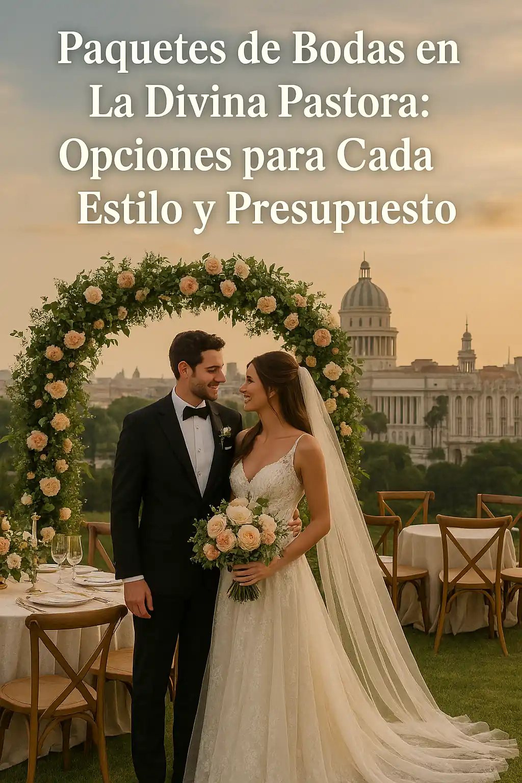 elegante buffet para bodas en Cuba, con estilo moderno en la divina pastora, influencer, decoración tropical con flores y velas, platos gourmet y manos de invitados sirviéndose sin mostrar rostros. Perfecta como imagen destacada para el artículo “Buffet para bodas en Cuba: La Guía Prohibida para Sorprender a Tus Invitados”.