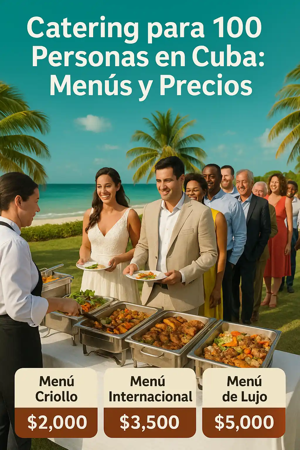 Catering para bodas en Cuba con 100 invitados disfrutando un buffet alegre en la playa con distintos menús.