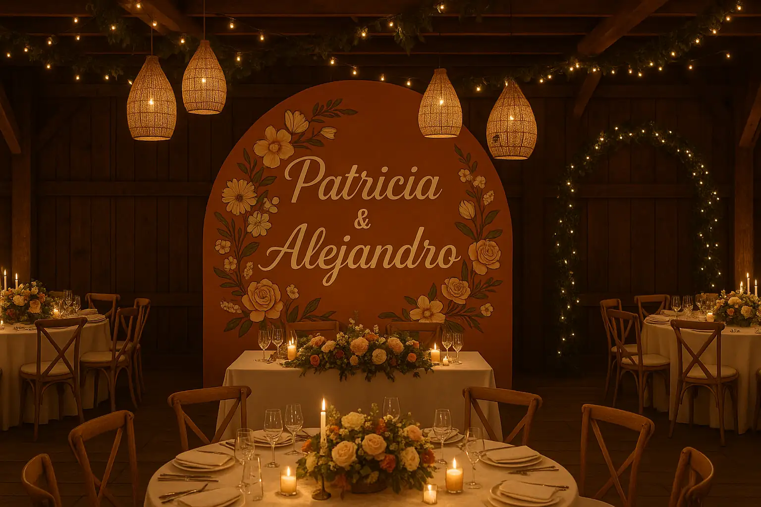 Decoración personalizada y atmósfera única para bodas en Cuba, con luces cálidas, flores elegantes y detalles rústicos que crean una ambientación mágica e íntima.
