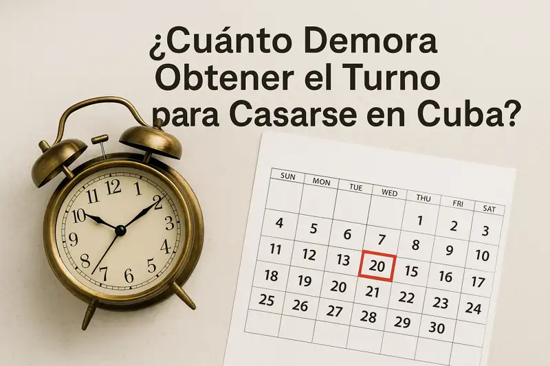 Imagen explicativa sobre cuánto demora obtener el turno para casarse en Cuba, con reloj y calendario resaltando el tiempo de espera. Ideal para artículos informativos y guías 2025/2026 sobre trámites matrimoniales en Cuba.