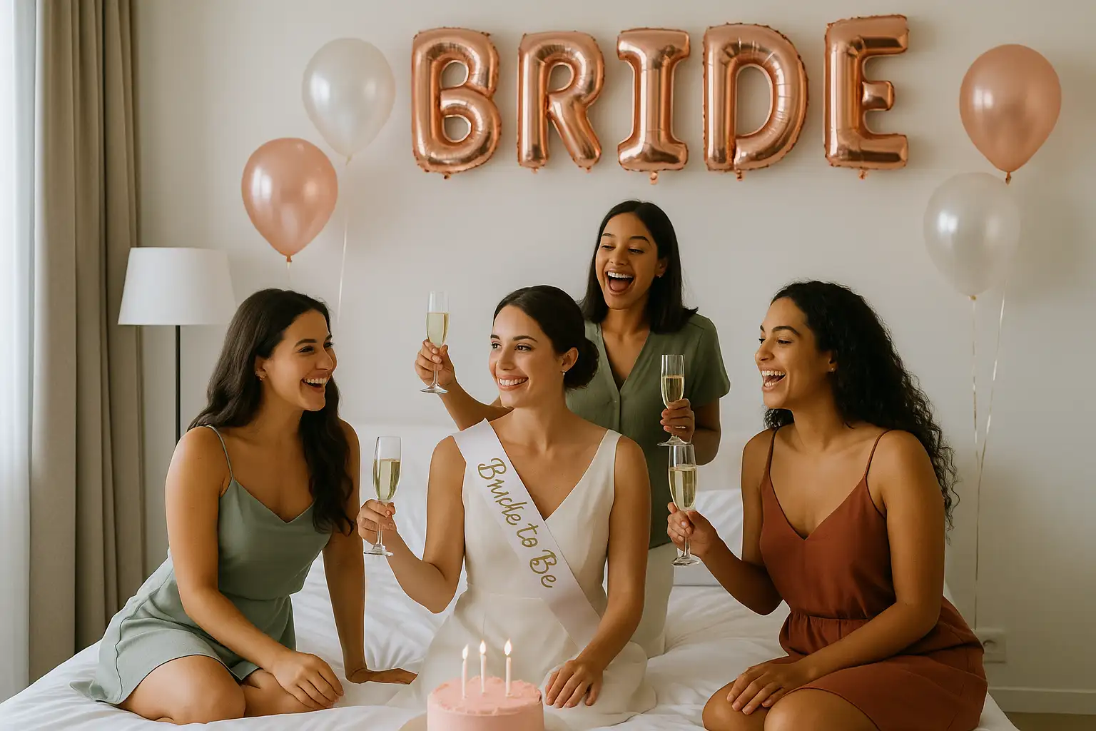 Un grupo de amigas celebra la despedida de soltera en Cuba junto a la novia, con un ambiente moderno, elegante y minimalista. Decoración suave, tonos neutros y un momento íntimo lleno de alegría, ideal para incluir en servicios de organización de bodas en Cuba.