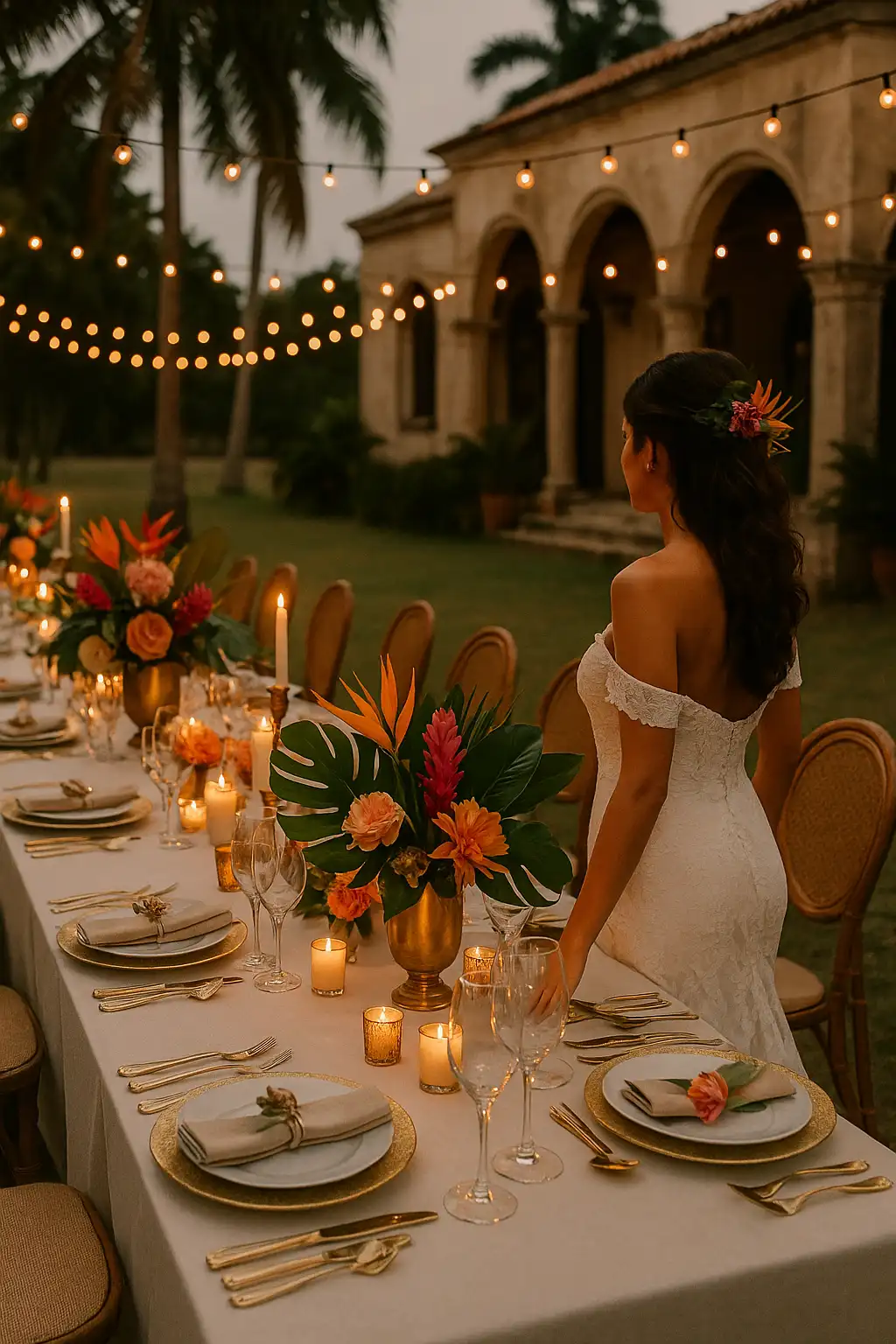 Imagen fotográfica elegante y tropical que muestra una mesa decorada al aire libre para una boda en el Club Habana, con flores caribeñas, velas, vajilla premium y ambiente cálido al atardecer. Perfecta para ilustrar la sección “Ideas & Estilos que Harán que tu Boda en el Club Habana Sea Viral y Memorable”.