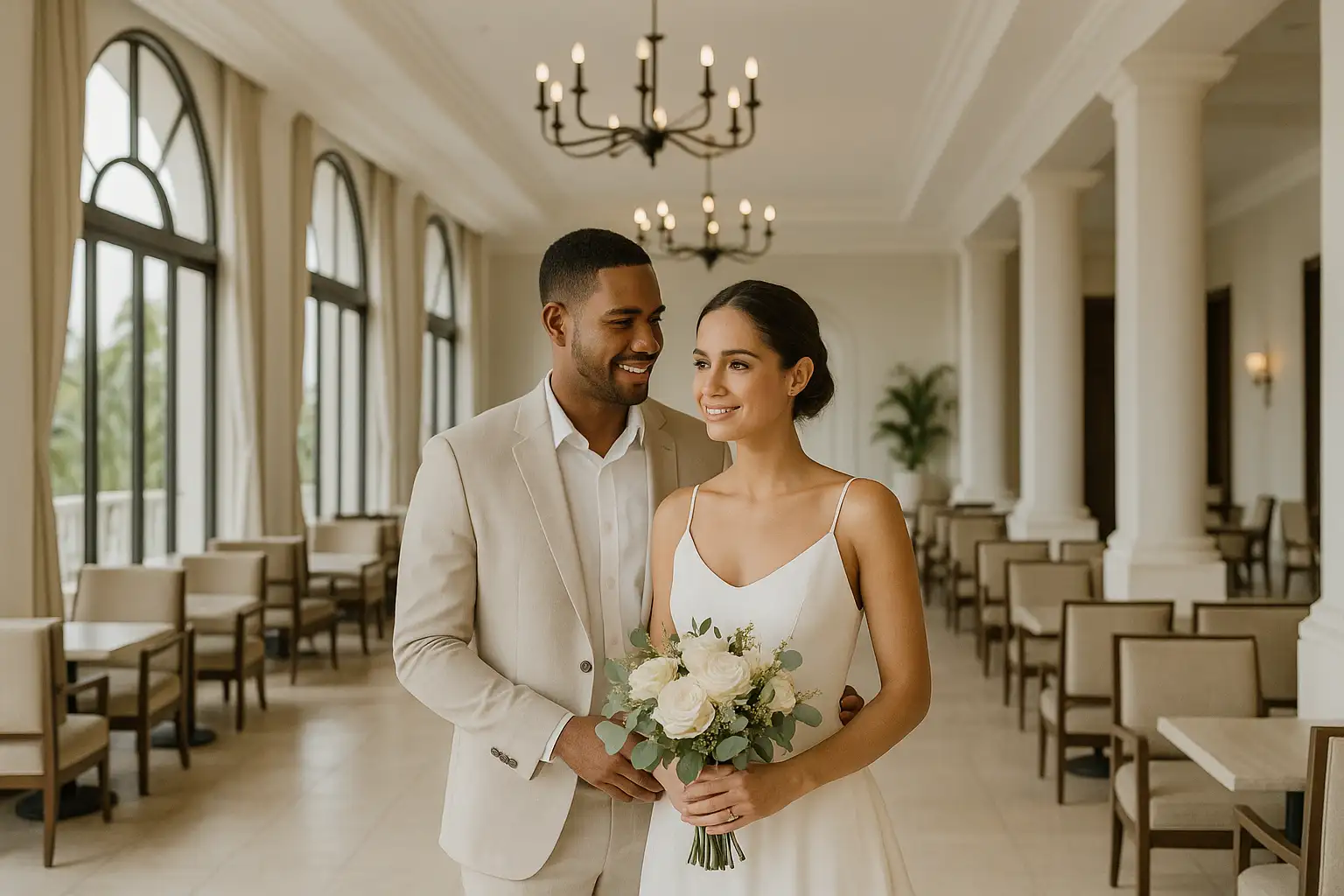 Una pareja de recién casados en un elegante hotel en Cuba, ideal como lugar para celebrar bodas. Ambiente moderno y sofisticado, con luz natural y detalles minimalistas, perfecto para mostrar opciones de lugares para bodas en Cuba.