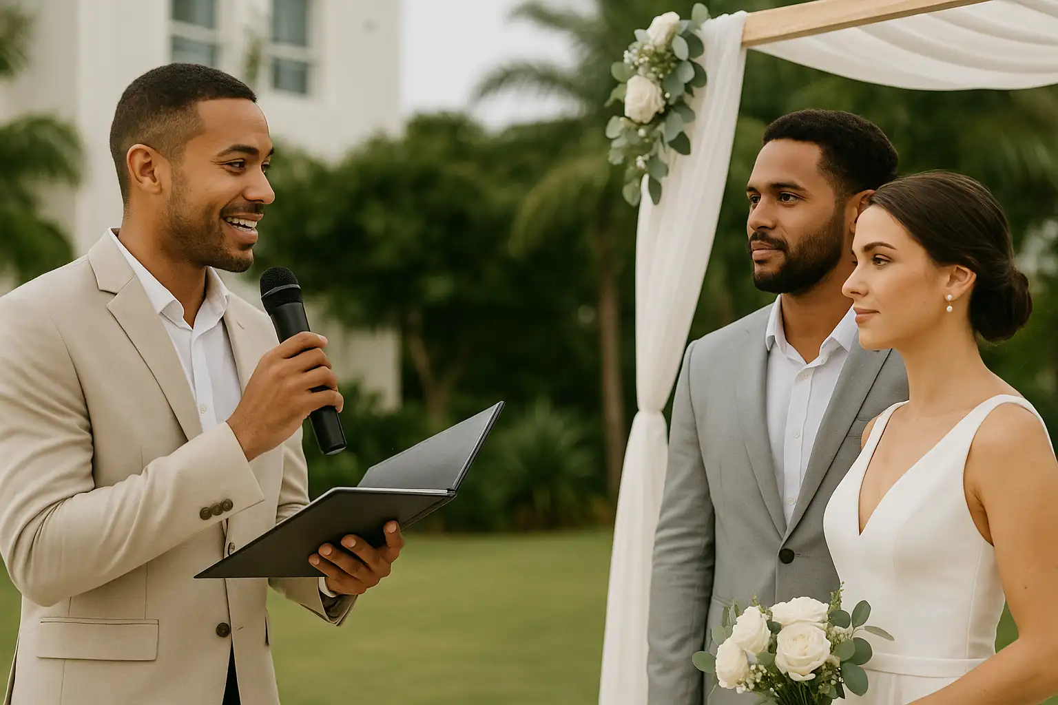 Maestro de ceremonia dirigiendo la boda de una pareja en Cuba, en un ambiente elegante al aire libre con arco nupcial y decoración minimalista. La imagen transmite profesionalismo, emoción y el rol esencial del maestro de ceremonia en bodas en Cuba.