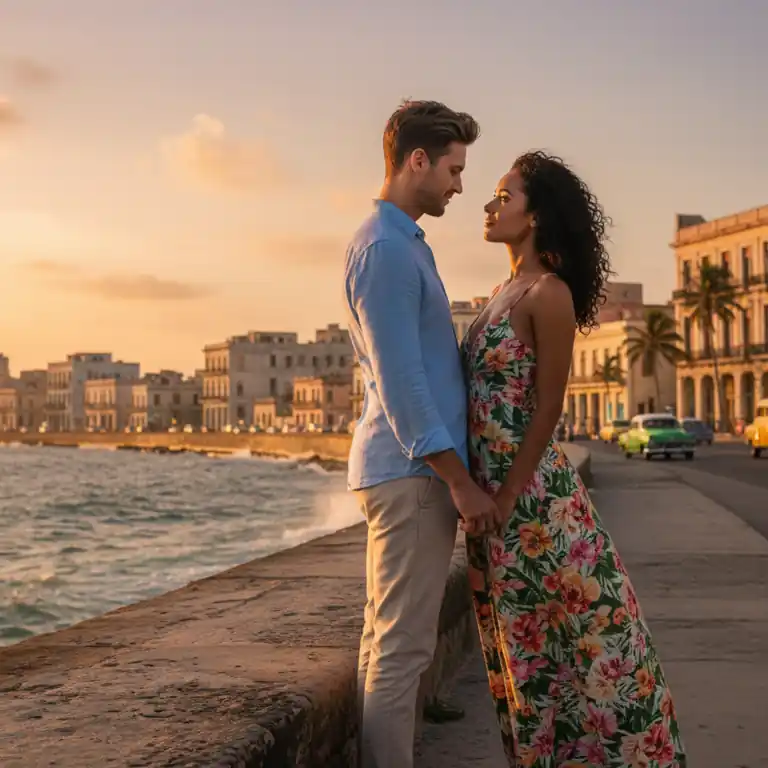 Pareja en el Malecón de La Habana al atardecer, ideal para bodas románticas en Cuba.