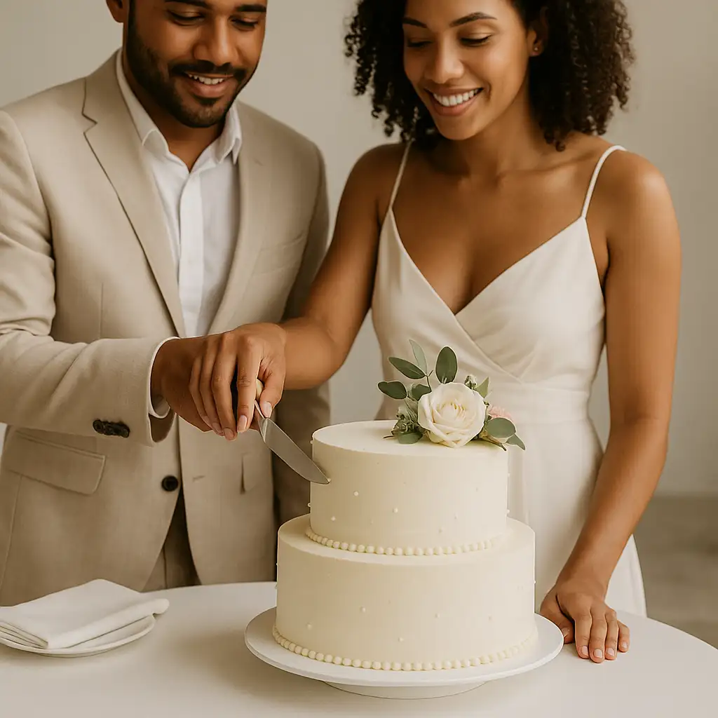 Pareja de recién casados cortando su pastel de bodas en Cuba, con un diseño elegante de dos pisos decorado con flores naturales y un estilo moderno y minimalista. Un momento romántico ideal para representar el servicio de pastel de bodas en Cuba.