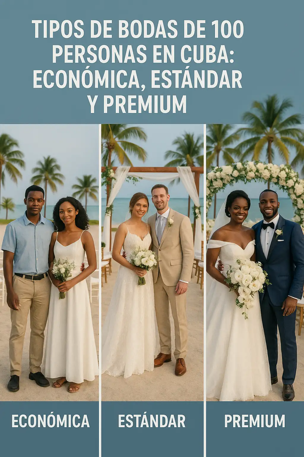 Tipos de bodas de 100 personas en Cuba: económica, estándar y premium con parejas reales en escenarios caribeños.