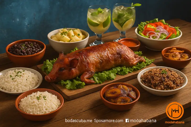 Buffet típico cubano con cerdo asado como plato principal, acompañado de arroz moro, yuca con mojo, ensalada criolla y bebidas, sobre mesa rústica en ambiente caribeño, ideal para celebraciones en La Habana.