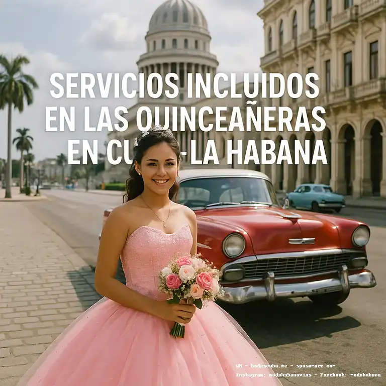 Quinceañera con vestido rosa celebrando en una calle de La Habana, Cuba, con coche clásico y arquitectura colonial al fondo