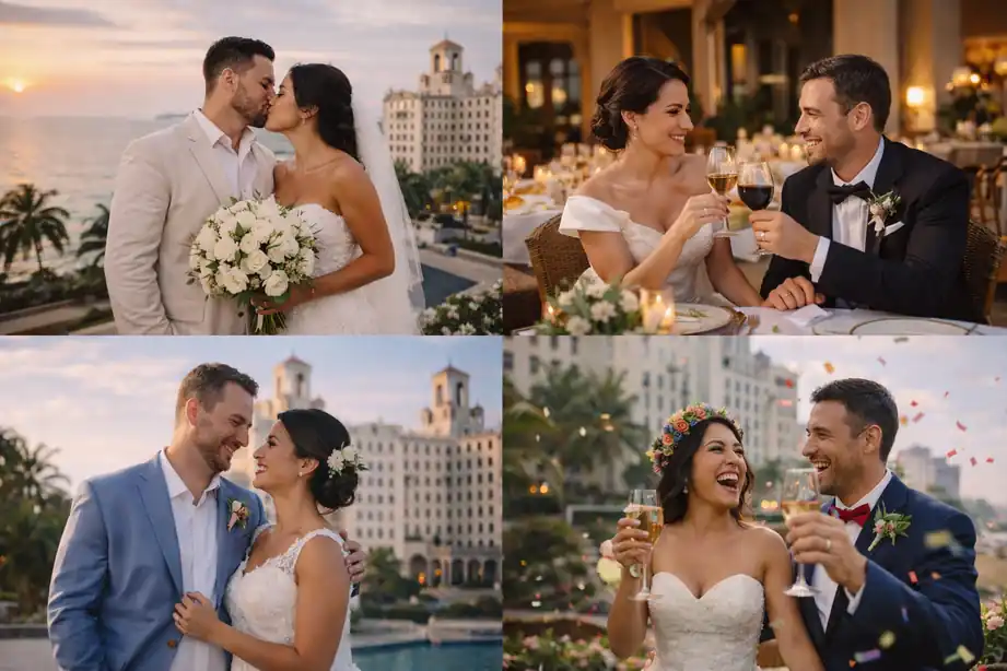Mosaico de 4 escenas con parejas en el Hotel Nacional de Cuba: boda al atardecer, brindis en cena elegante, abrazo romántico y celebración con champán en La Habana.