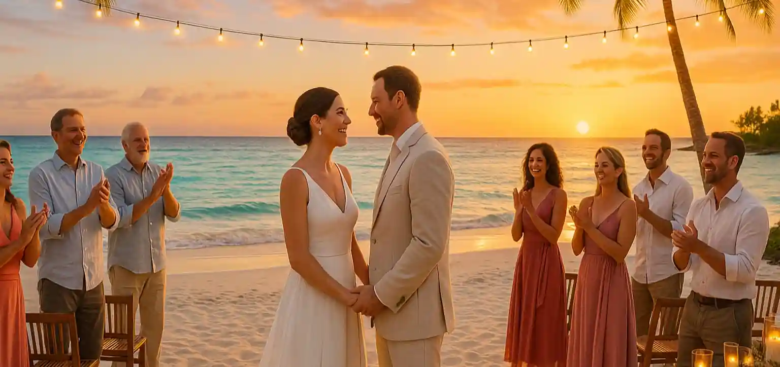 Boda romántica en la playa de Cuba con pareja de novios al atardecer, invitados felices, luces cálidas, mar caribeño y palmeras – Bodas y Eventos en Cuba 2025–2026