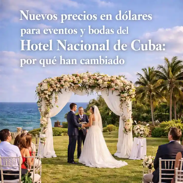 Nuevos precios en dólares para eventos y bodas del Hotel Nacional de Cuba con pareja de novios en jardín frente al mar