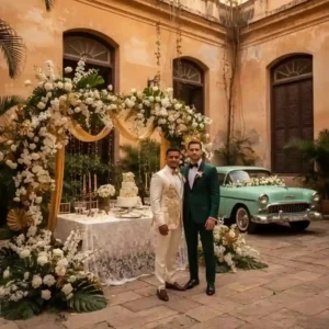 Pareja de hombres celebrando su matrimonio igualitario en un patio colonial de La Habana, con altar de flores blancas y doradas, coche clásico antiguo y decoración de lujo.